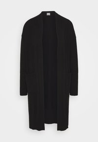 Czarny długi kardigan wykonany z miękkiego materiału. Posiada ściągacze przy mankietach i u dołu, otwarty krój oraz dwie przednie kieszenie.