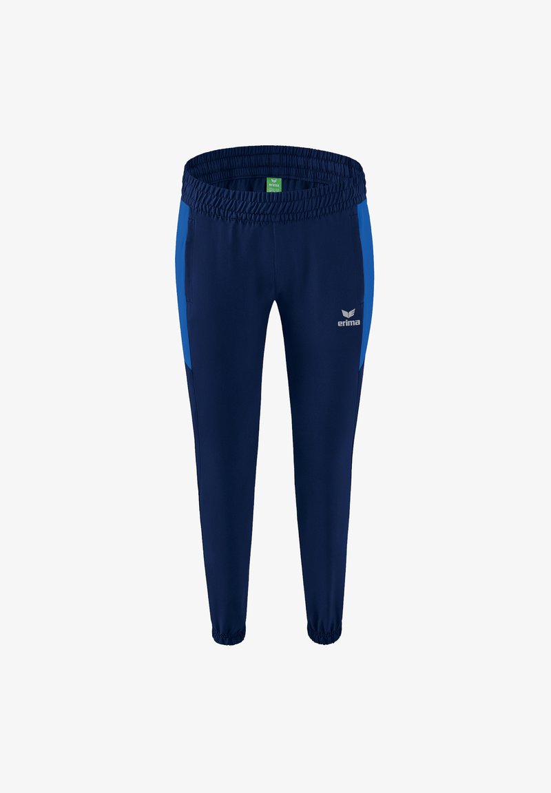 Marineblaue Freizeitpants mit blauen Seitenakzenten, elastischem Bund und schmal zulaufenden Beinen. Mit einem kleinen weißen Logo auf der Vorderseite. Glatte Textur.