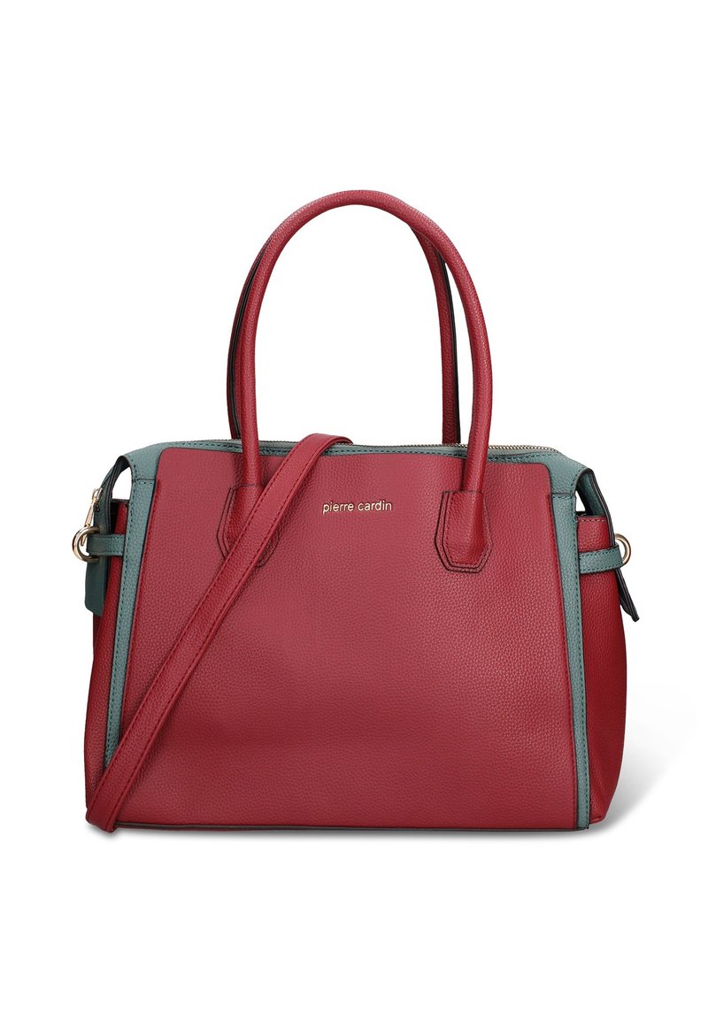 Sac à main en cuir rouge à finition texturée, accents bleu sarcelle, double poignée et bandoulière réglable. Comprend une fermeture éclair et un détail logo.