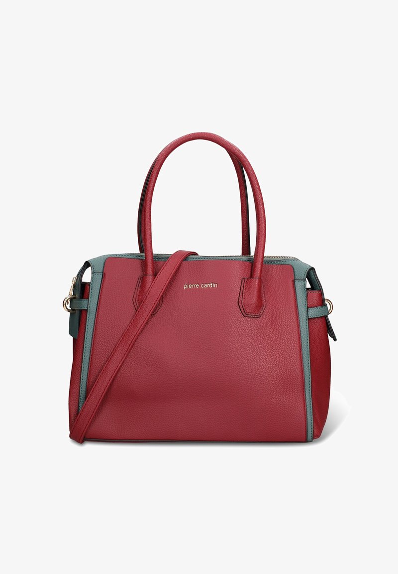 Sac à main en cuir rouge à finition texturée, accents bleu sarcelle, double poignée et bandoulière réglable. Comprend une fermeture éclair et un détail logo.