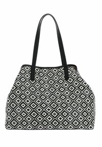 Borsa tote a righe bianche e nere con forma rettangolare, manici neri solidi e un design geometrico a rombi sulla superficie del tessuto.