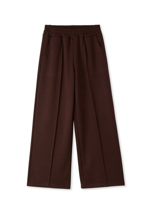 Pantaloni larghi marroni realizzati in tessuto morbido con vita elasticizzata e due tasche laterali; texture liscia e senza motivi visibili.