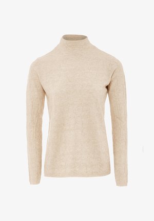 Világos bézs színű garbós pulóver hosszú ujjal, texturált mintával és karcsú szabással. Puha, rugalmas anyagból készült.