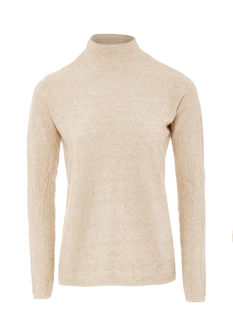Maglione a collo alto color beige chiaro con maniche lunghe, caratterizzato da un motivo testurizzato e una vestibilità slim. Realizzato in materiale morbido e elasticizzato.