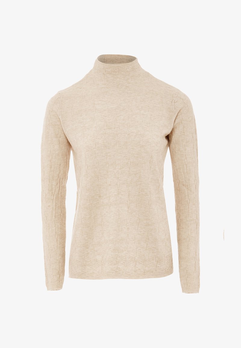 Világos bézs színű garbós pulóver hosszú ujjal, texturált mintával és karcsú szabással. Puha, rugalmas anyagból készült.