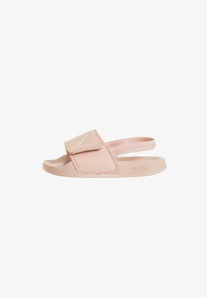 Sandalo slip-on rosa chiaro con cinturino regolabile sopra il piede e cinturino elastico posteriore, suola testurizzata e nome del marchio in rilievo sul lato.