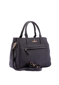 Borsa a tracolla nera in pelle con finitura testurizzata, doppi manici superiori, una tasca frontale con zip e una tracolla removibile. Accentatura del logo dorato sulla parte superiore.