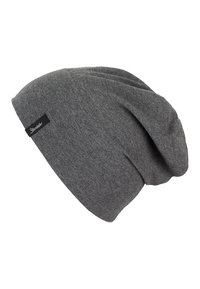 Gray beanie made of soft, textured fabric, featuring a folded design and a small brand label on the side.