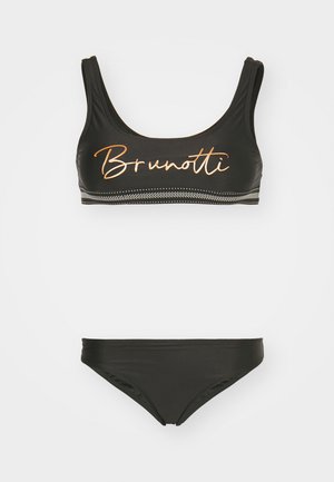 Set bikini nero con top a canotta che presenta un logo arancione "Brunotti". Tessuto liscio con dettagli di cuciture a contrasto.