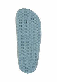 Blue rubber shoe sole with a textured hexagonal pattern, featuring a central hole, and a slightly tapered design.