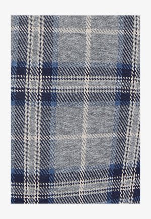 Wollen plaid stof met een grijs en marineblauw kleurenpalet, met elkaar kruisingen in strepen die een klassiek ruitpatroon vormen en variërende texturen.