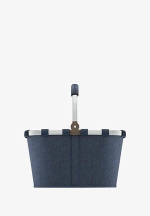 Marineblauwe stoffen winkelmand met een visgraatpatroon, een aluminium frame en een plastic handvat voor eenvoudig dragen. Geen extra accenten.