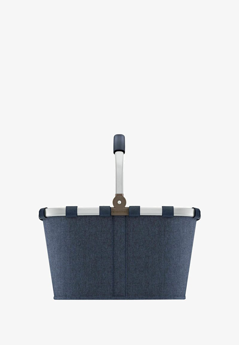 Cesta per la spesa in tessuto blu navy con motivo a spina di pesce, telaio in alluminio e manico in plastica per un facile trasporto. Nessun ulteriore accessorio.