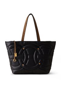 Borsa tote in pelle nera con design circolare trapuntato, dettagli in hardware dorato e manici in brown testurizzato a contrasto.