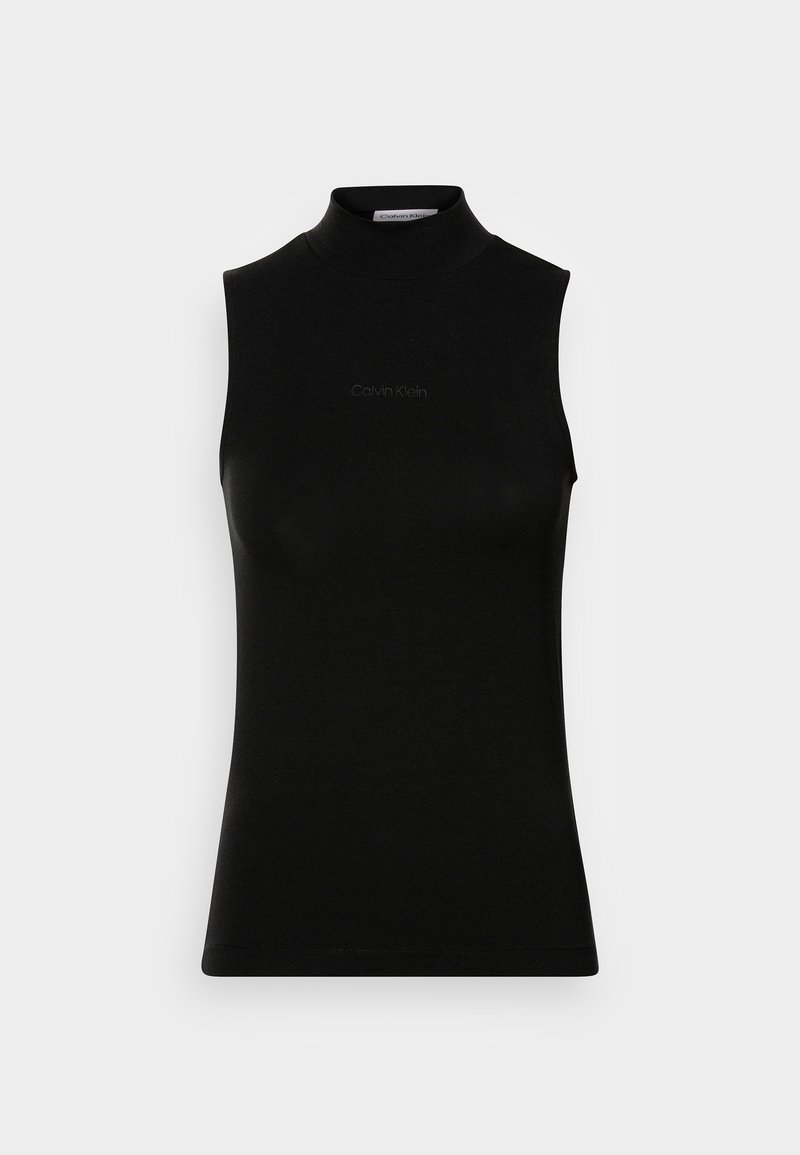Haut noir sans manches à col cheminée avec un logo Calvin Klein discret centré sur le devant, présenté sur un fond clair uni.