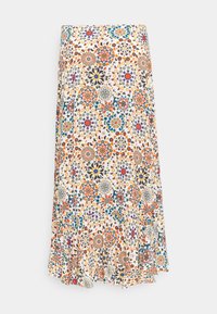 Falda maxi con estampado floral en tela ligera. Presenta diseños intrincados multicolores sobre fondo blanco, con un dobladillo acampanado.