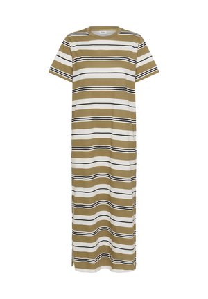 Striped maxi dress in olive green, white, and black. Short sleeves, round neckline, side slits. Made from soft, breathable fabric.