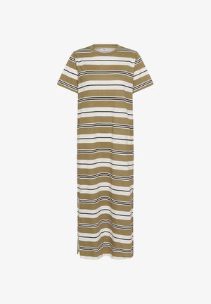 Striped maxi dress in olive green, white, and black. Short sleeves, round neckline, side slits. Made from soft, breathable fabric.