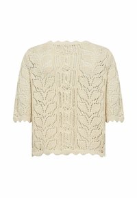 Crèmekleurige gebreide cardigan met korte mouwen. Kenmerkt zich door een kantachtige, bladerenpatroon en gegolfde randen aan de onderkant en mouwen.