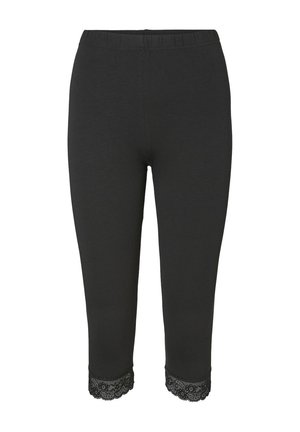 Schwarze Baumwollleggings mit einem elastischen Bund und Spitzenbesatz am verkürzten Saum. Glatte Textur mit passgenauer Passform.