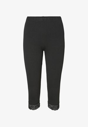 Schwarze Baumwollleggings mit einem elastischen Bund und Spitzenbesatz am verkürzten Saum. Glatte Textur mit passgenauer Passform.