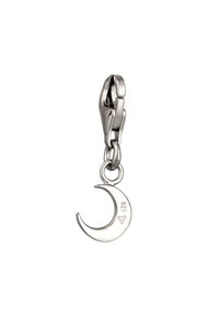Un pendentif en argent en forme de croissant de lune avec une finition polie, attaché à un fermoir en lobster, marqué "925" pour l'argent sterling.