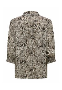 Blusa de estampado de leopardo marrón y beige, hecha de tejido ligero, con cuello redondo y mangas abullonadas con puños elásticos.