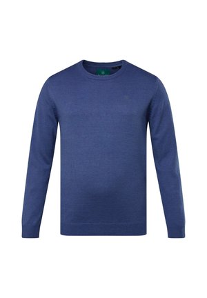 Niebieski sweter z okrągłym dekoltem, wykonany z miękkiej przędzy. Posiada długie rękawy oraz ściągacze przy rękawach i u dołu, a na piersi znajduje się małe haftowane logo.
