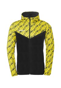 Geel en zwarte jas met een geometrisch patroon, volledige rits, hoge kraag en lange mouwen. Gemaakt van een lichtgewicht, rekbaar materiaal.