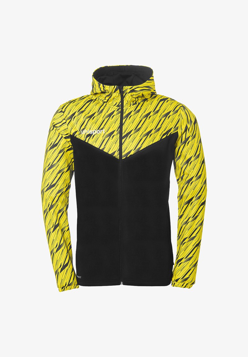 Geel en zwarte jas met een geometrisch patroon, volledige rits, hoge kraag en lange mouwen. Gemaakt van een lichtgewicht, rekbaar materiaal.