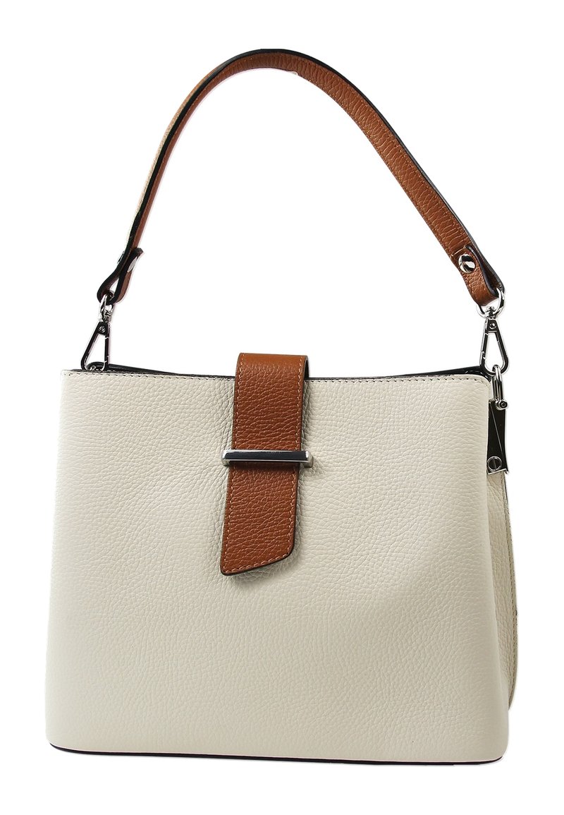 Crème gekorreld leren handtas met een bruine accentriem. Heeft een rechthoekige vorm en een zilverkleurig sluitdetail. Verstelbare schouderriem.