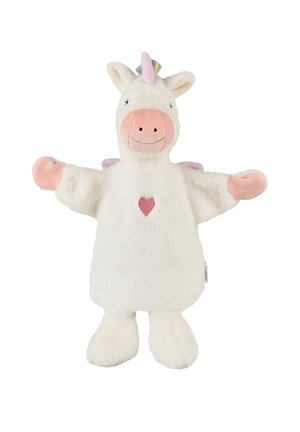 White plush unicorn puppet with pink muzzle, hooves, small wings, colorful horn, smiling face, and a red heart on its chest.