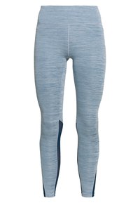 Světle modré sportovní legíny s texturovanou tkaninou, vysokým pasem a námořnickými bočními panely, s plochými švy pro větší odolnost.