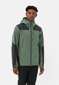 Green waterproof jacket with black accents, zippered front, adjustable hood, and two side pockets. Smooth texture with a modern design.