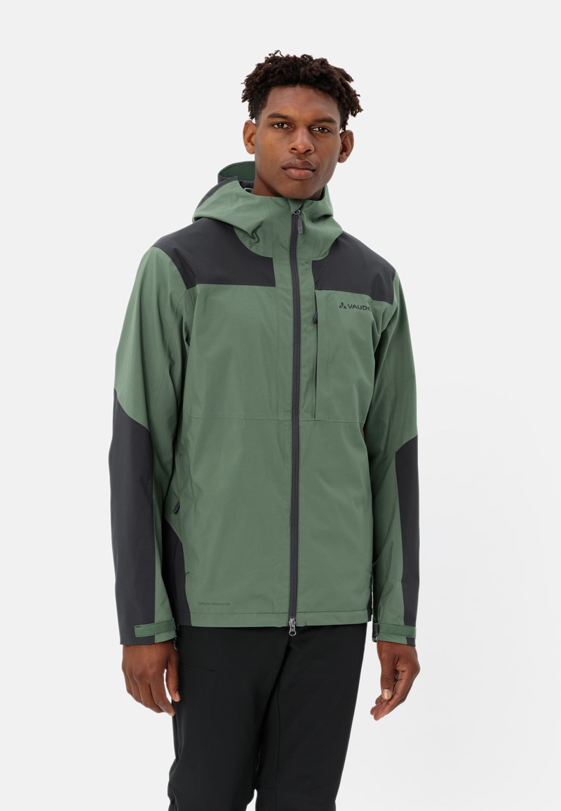 Green waterproof jacket with black accents, zippered front, adjustable hood, and two side pockets. Smooth texture with a modern design.