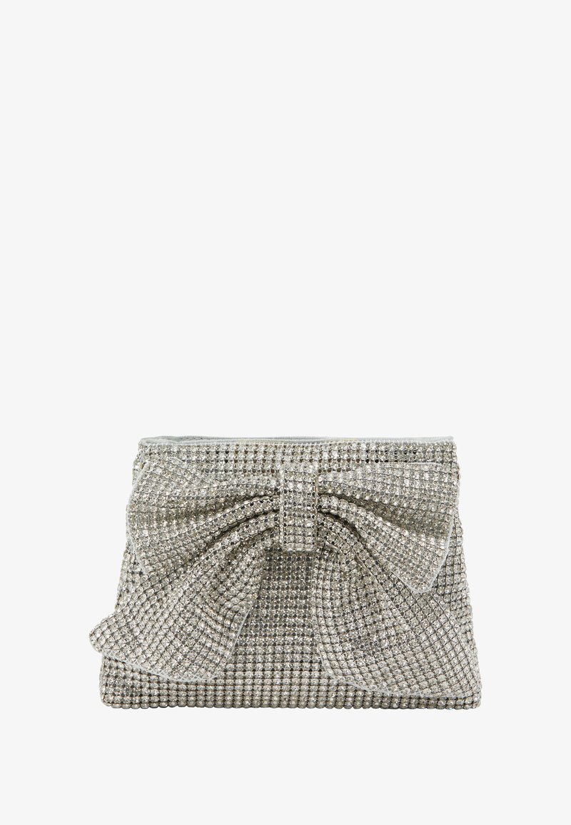 Skrzyniowy srebrny kopertówka z teksturowaną powierzchnią, z dużą kokardą i pokryta małymi cyrkoniami. Zapięcie na górze.