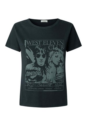 Zwart T-shirt met een vintage-graphic van een man met zonnebril en een vrouw, met tekst die een West Eleven Club-concert in Londen promoot.