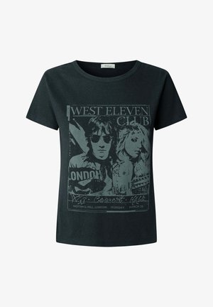 Maglietta nera con grafica in stile vintage raffigurante un uomo con occhiali da sole e una donna, con testo che promuove un concerto del West Eleven Club a Londra.