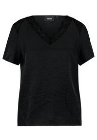 Haut noir à manches courtes avec un col en V et un tissu texturé. Présente des détails en dentelle sur les épaules et une coupe ample et décontractée.