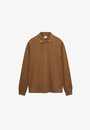 Rjav dolg rokav polo majica iz bombaža, ki ima ovratnik, gumbno zapiranje in rebraste manšete; gladka tekstura in sproščen kroj.