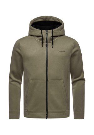 Olive green zip-up hoodie with a ribbed texture, adjustable drawstring hood, black zipper, and two front pockets. Features logo on chest.