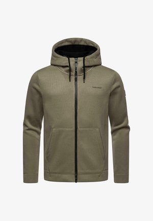 Olivgrüner Kapuzenpullover mit Reißverschluss, strukturiertem Rippmaterial, verstellbarem Kordelzug und zwei Seitentaschen. Mit Logo auf der Brust.