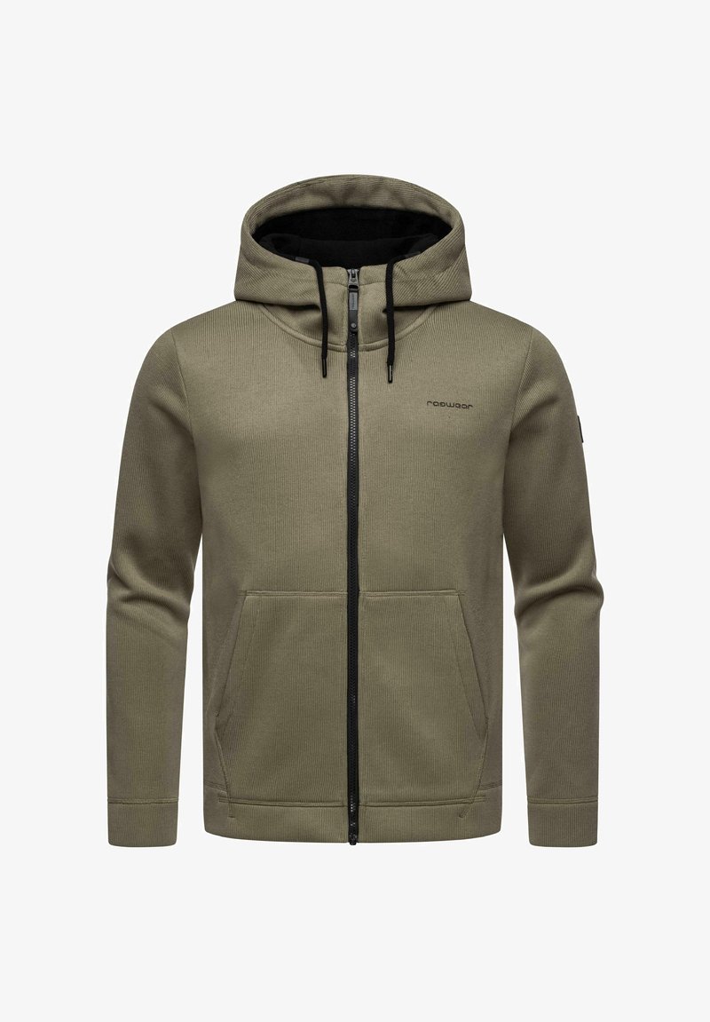 Maslinasto zelena zip-hoodie s rebrastom teksturom, podesivom kapuljačom s vezicom, crnim patentnim zatvaračem i dvije prednje džepove. Ima logo na prsima.