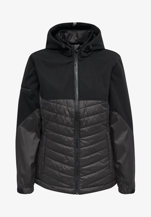 Black jacket featuring a textured, quilted lower section and smooth upper section, with a hood and front zipper. Includes branded accents.