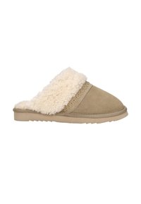 Tan suède slipper met een witte fluffy faux fur rand en gevlochten details. Zachte textuur, platte zool met een profiel voor grip.