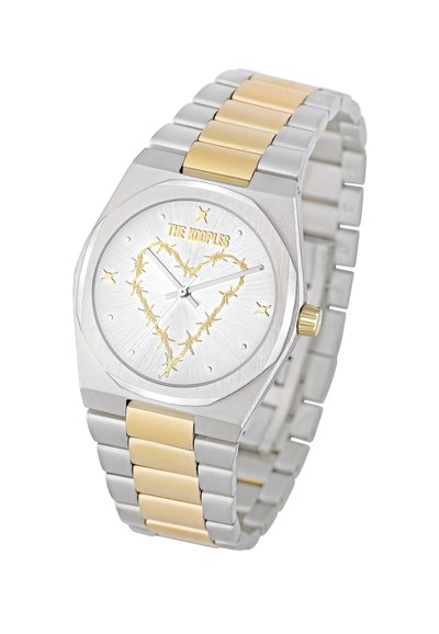 Orologio in metallo argento e oro con cassa ottagonale, quadrante argentato con texture e un design a forma di cuore realizzato con filo spinato. È inciso "THE KOOPLES".