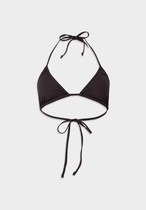 Μαύρο μπικίνι με τρίγωνο πάνω μέρος, λαιμόκοψη halter και κορδόνια που δένουν στην πλάτη, που παρουσιάζεται σε απλό ανοιχτό φόντο.