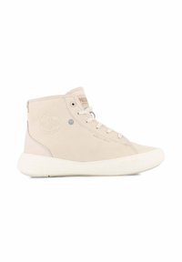 Zapatillas altas de ante beige claro con suela de goma blanca. Incluyen cierre con cordones y un sutil logotipo en el lateral.
