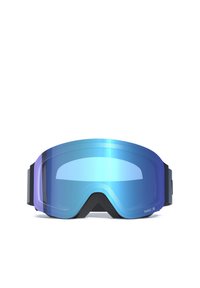 Skibrille mit geschwungenem, blauem Glas, schwarzem Rahmen und verstellbarem Riemen. Das Glas verfügt über einen Farbverlauf mit einer glatten, reflektierenden Oberfläche.