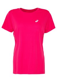 Rosa Sport-T-Shirt aus atmungsaktivem Gewebe. Verfügt über einen Rundhalsausschnitt, kurze Ärmel und ein kleines weißes Logo auf der Brust. Strukturiert Oberfläche.